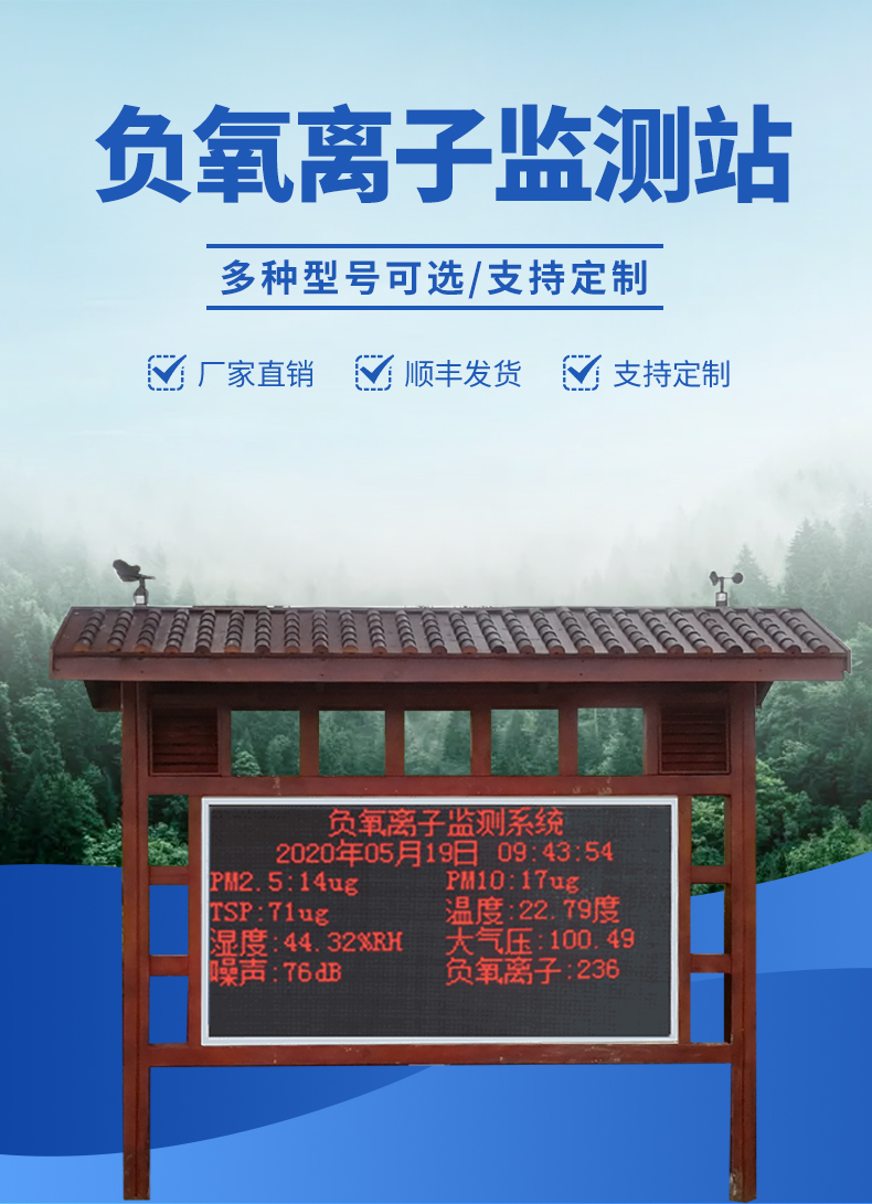 景區大屏負氧離子監測站-實時顯示監測數據，將負氧離子可視化